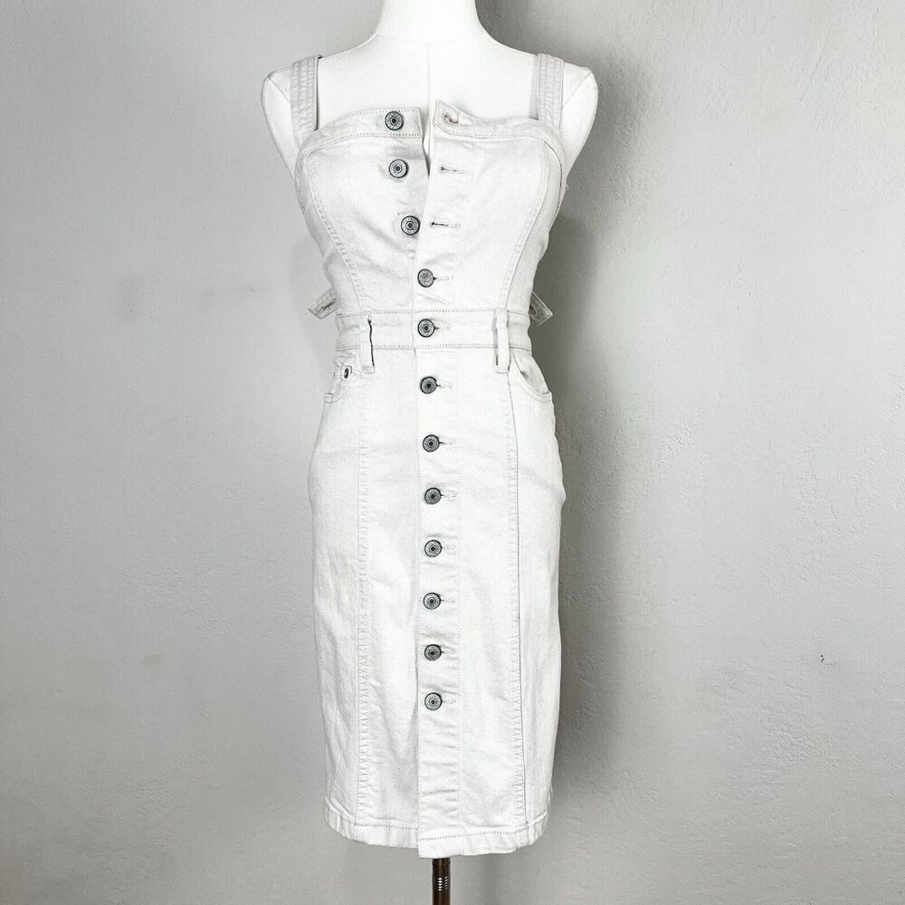 Free People Denim Dress Gracie Ecru Cream Jumper Stretch Button Front Size 0